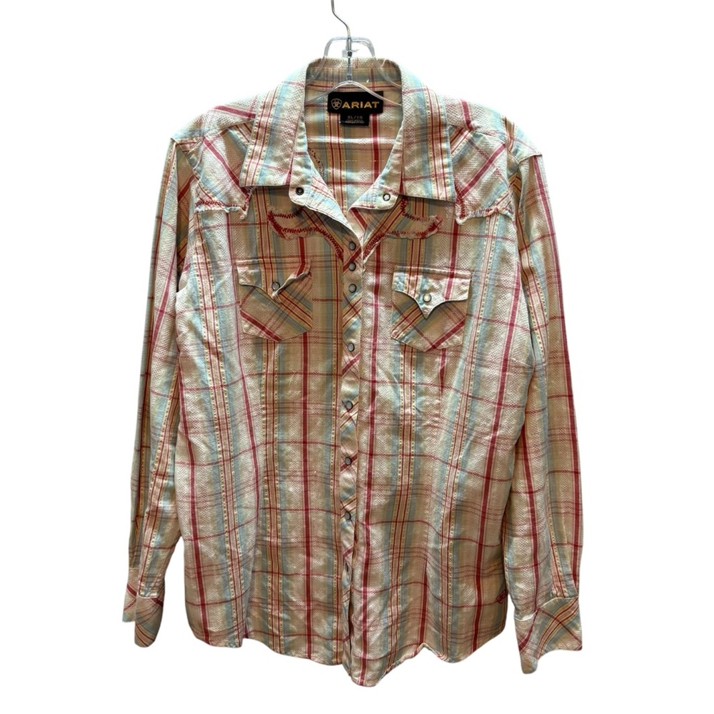 Ariat Woman’s Pastel Plaid Pearl Snap Western Shirt Embroidered Raw Hem Size XL